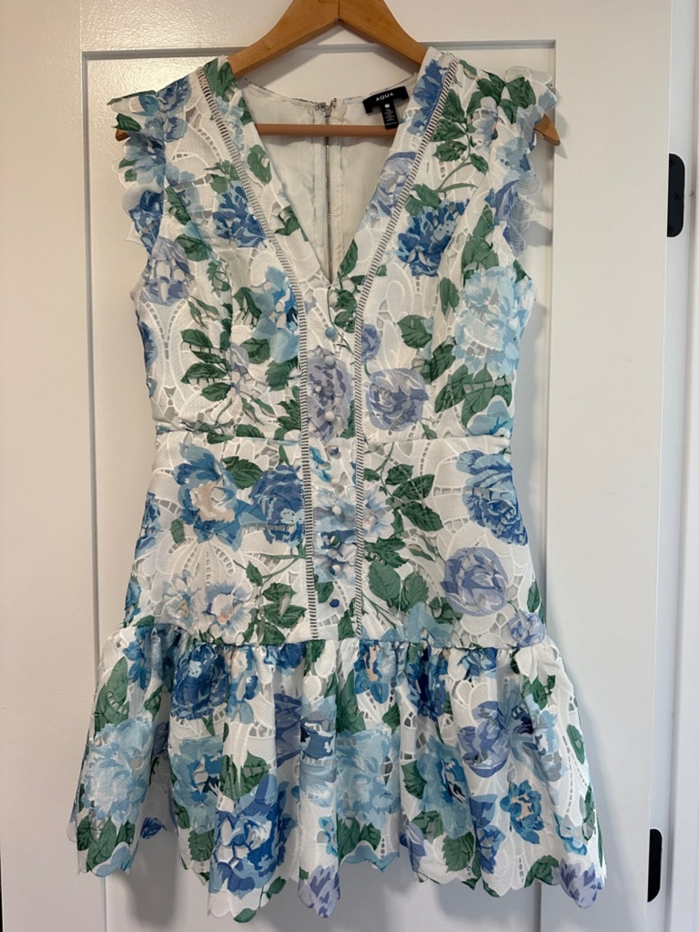 AQUA Floral Lace V-Neck Mini Dress in Blue & Green